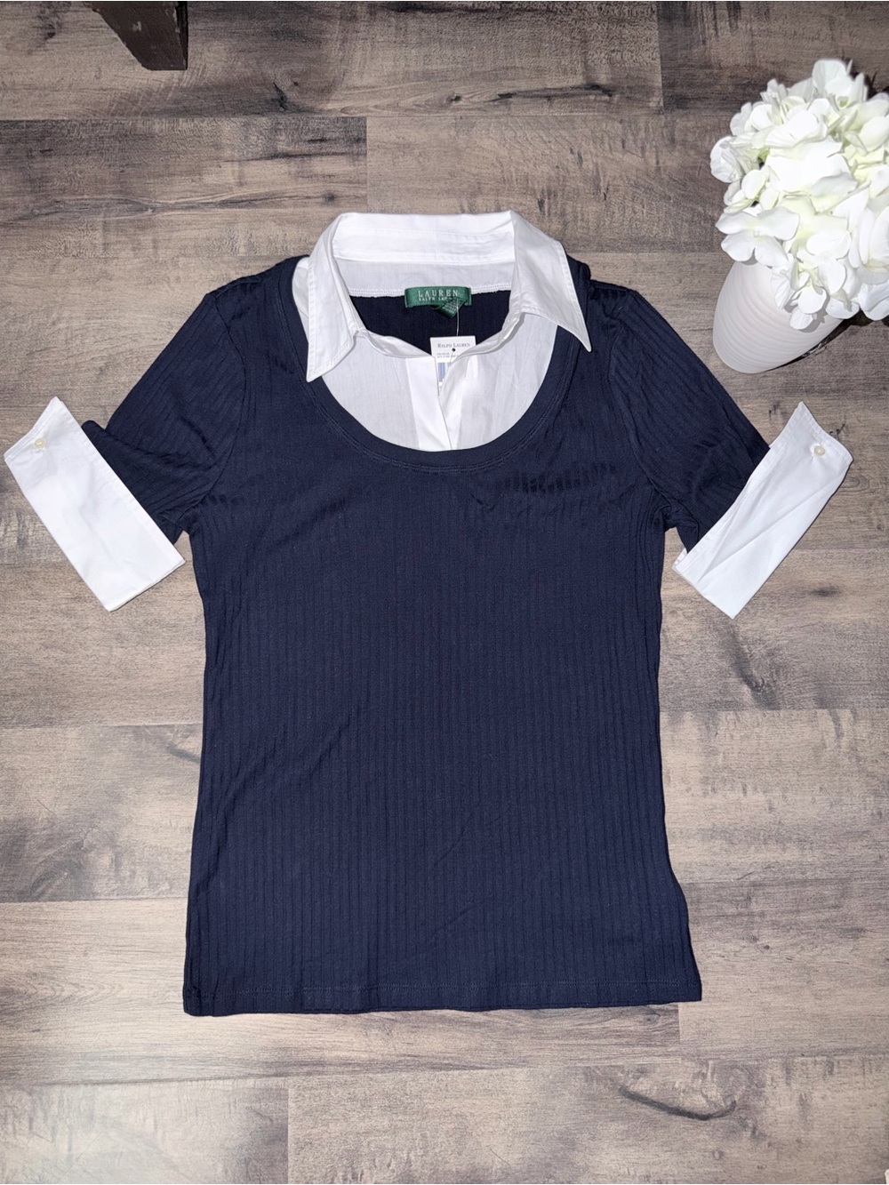 NWT Lauren Ralph Lauren Navy ribbed Short Sleeve Layered-Look top